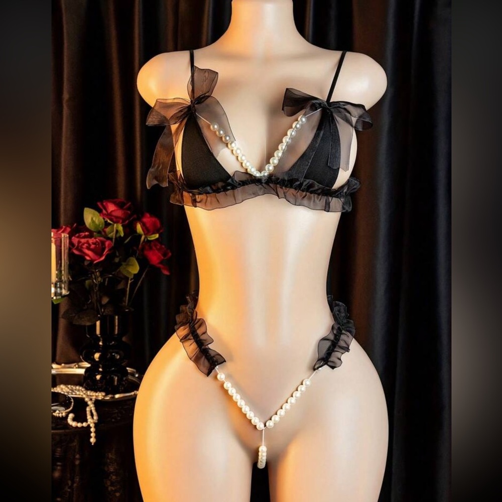 Elegant Black Pearl-Embellished Classy Holiday / Wedding /Occasion Lingerie Set